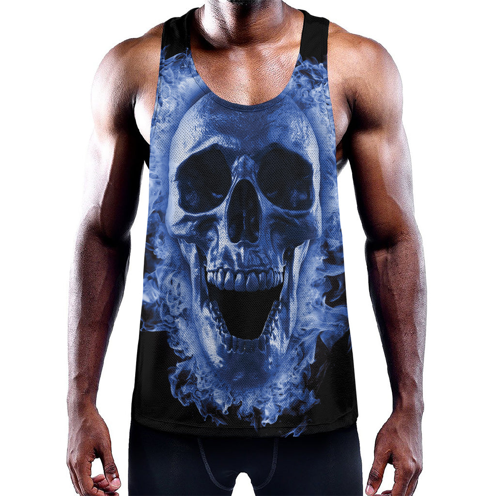 Blue Flaming Skull Print Training Tank Top