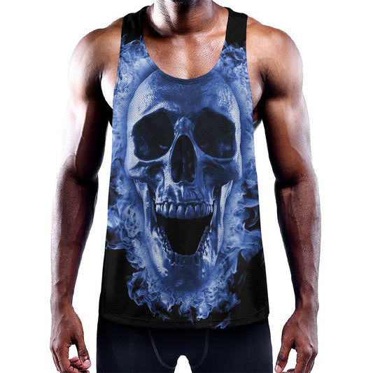 Blue Flaming Skull Print Training Tank Top