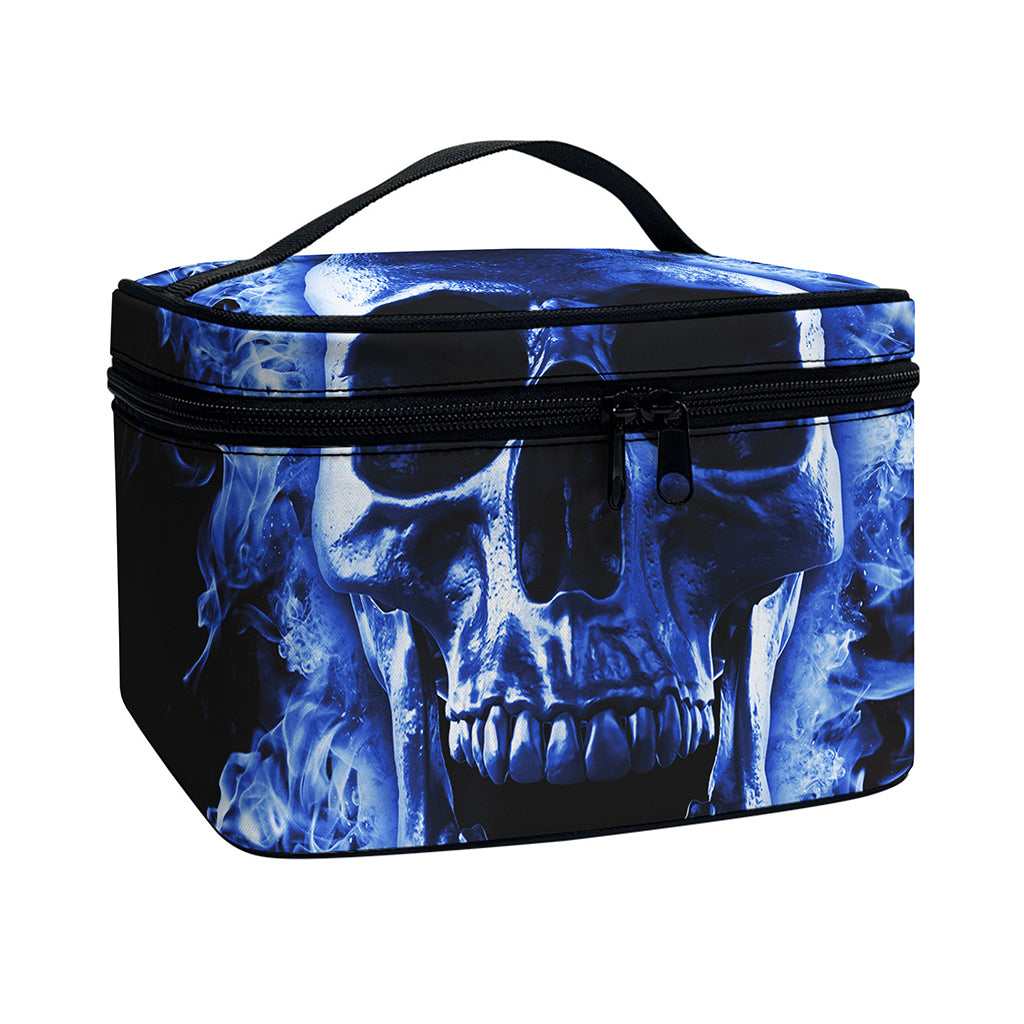 Blue Flaming Skull Print Travel Makeup Bag