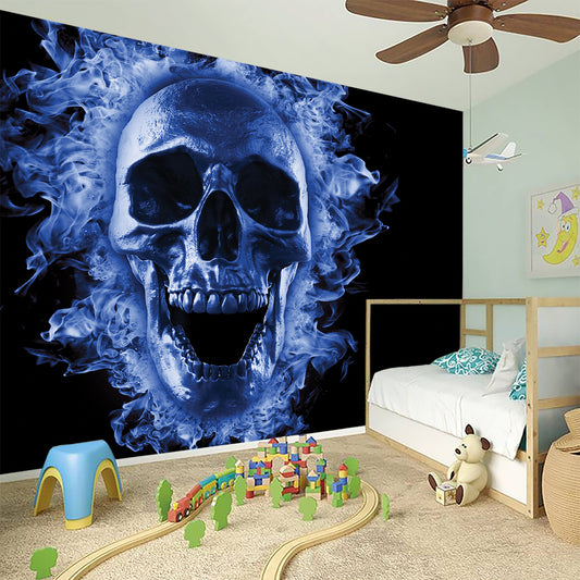 Blue Flaming Skull Print Wall Sticker