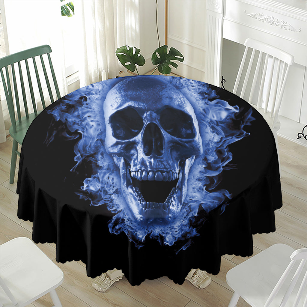 Blue Flaming Skull Print Waterproof Round Tablecloth
