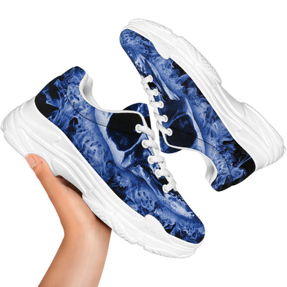 Blue Flaming Skull Print White Chunky Shoes