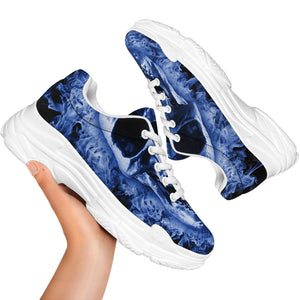 Blue Flaming Skull Print White Chunky Shoes