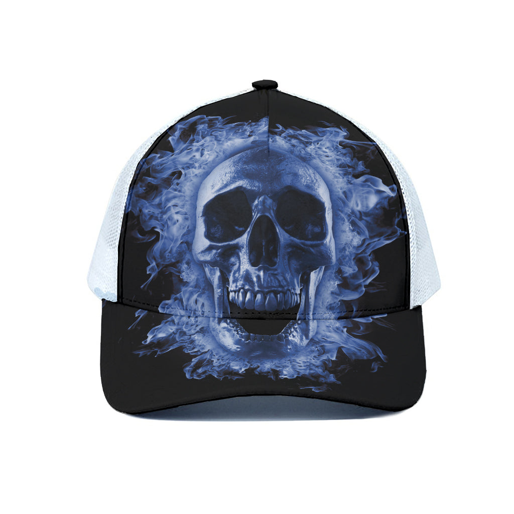 Blue Flaming Skull Print White Mesh Trucker Cap