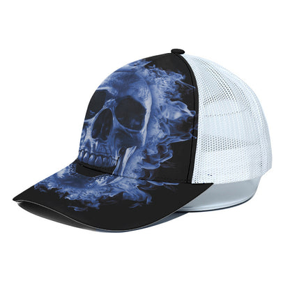 Blue Flaming Skull Print White Mesh Trucker Cap