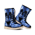 Blue Flaming Skull Print Winter Boots