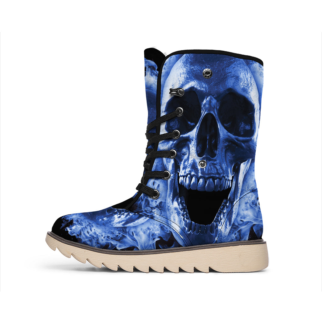 Blue Flaming Skull Print Winter Boots