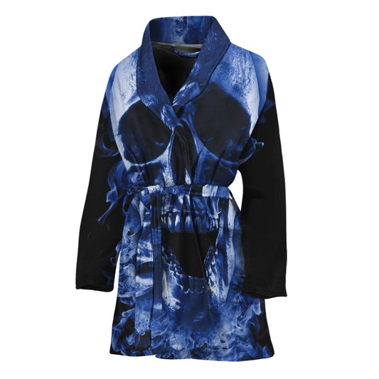 Blue Flaming Skull Print Women's Bathrobe