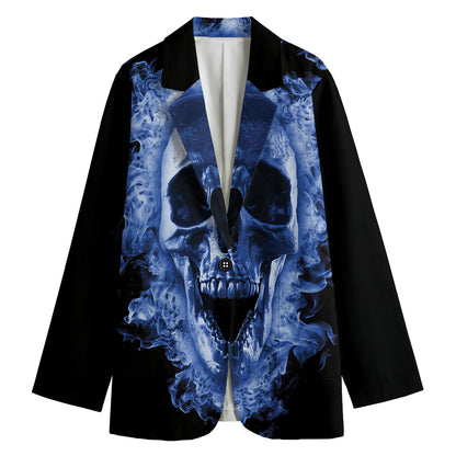 Blue Flaming Skull Print Women's Blazer