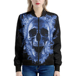 Blue Flaming Skull Print Women's Bomber Jacket