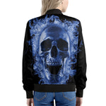 Blue Flaming Skull Print Women's Bomber Jacket