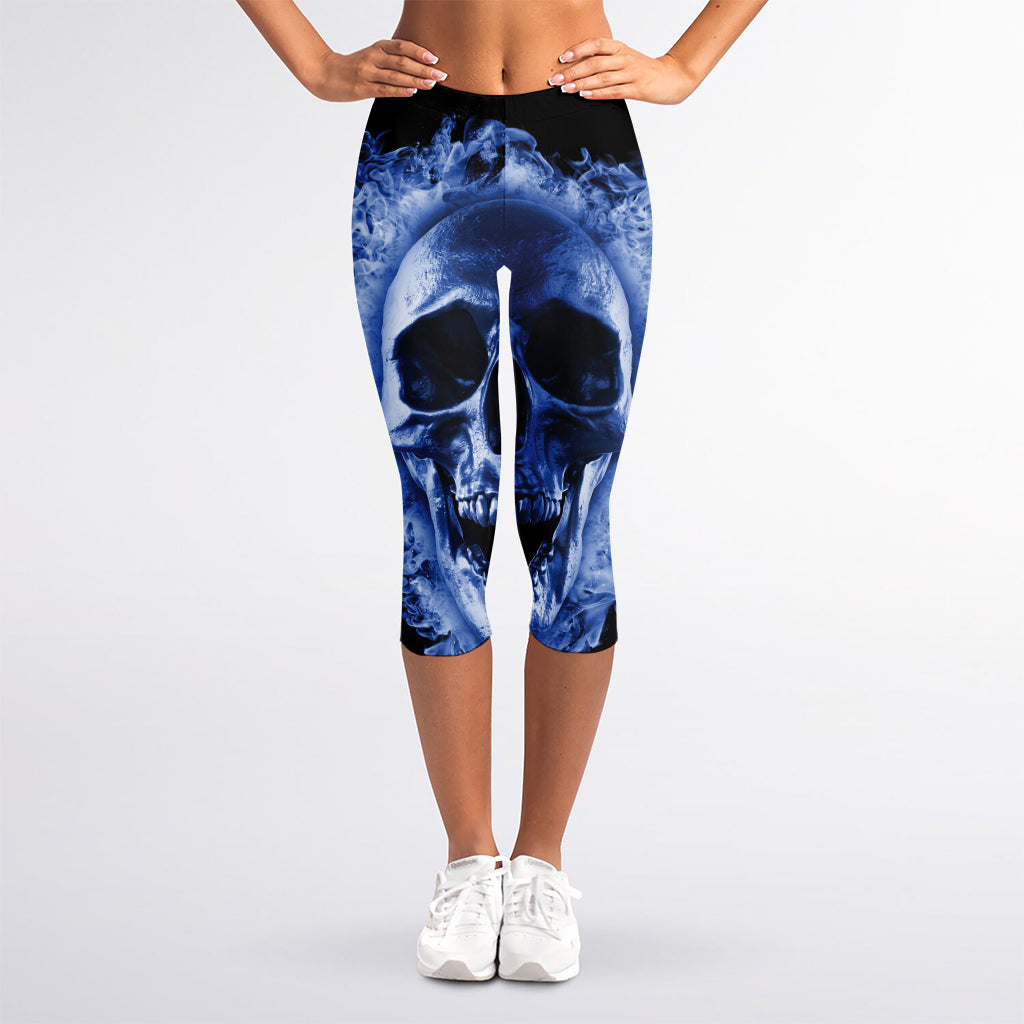 Blue Flaming Skull Print Women's Capri Leggings