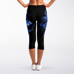 Blue Flaming Skull Print Women's Capri Leggings