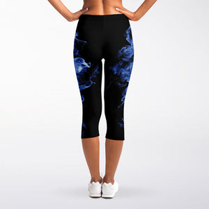 Blue Flaming Skull Print Women's Capri Leggings