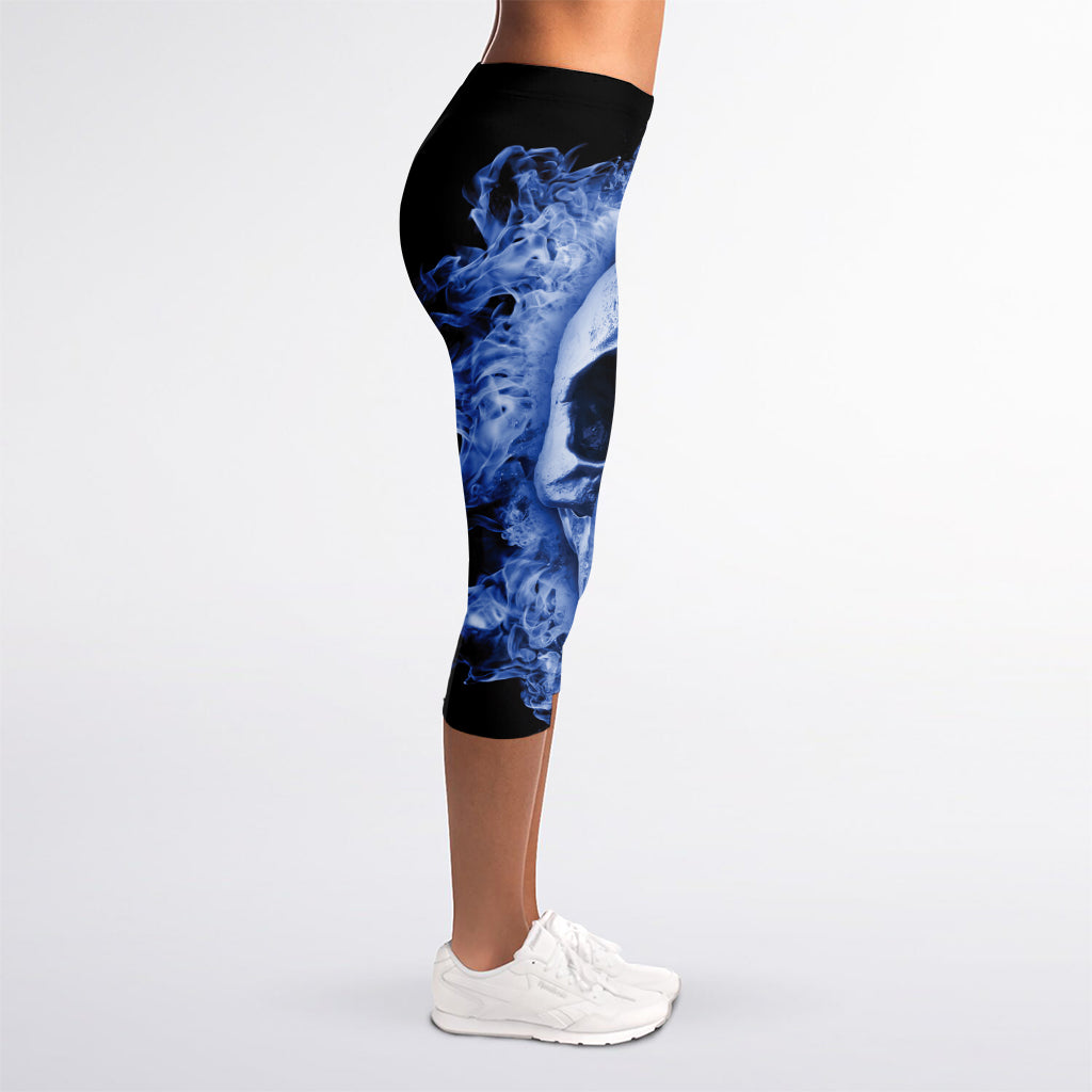 Blue Flaming Skull Print Women's Capri Leggings