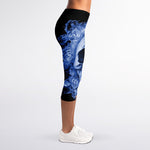 Blue Flaming Skull Print Women's Capri Leggings