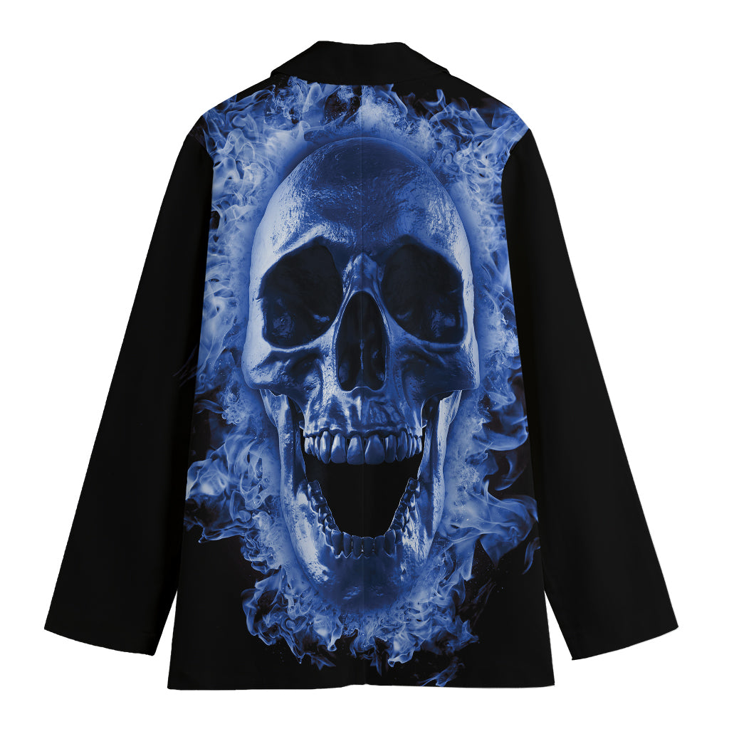 Blue Flaming Skull Print Women's Cotton Blazer