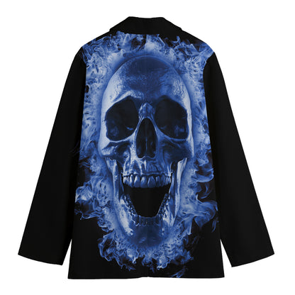 Blue Flaming Skull Print Women's Cotton Blazer