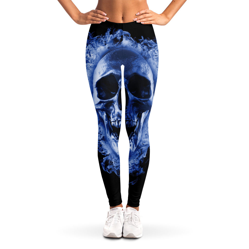 Blue Flaming Skull Print Women's Leggings