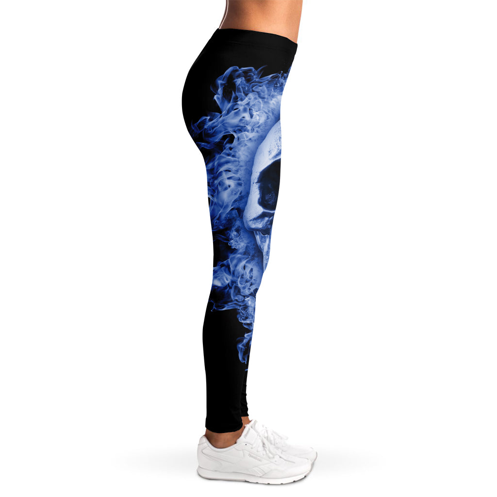 Blue Flaming Skull Print Women's Leggings