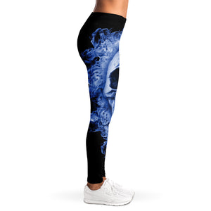 Blue Flaming Skull Print Women's Leggings