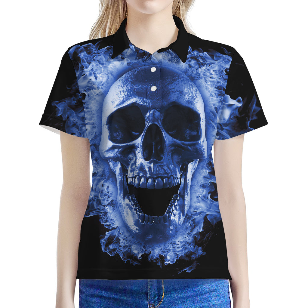 Blue Flaming Skull Print Women's Polo Shirt