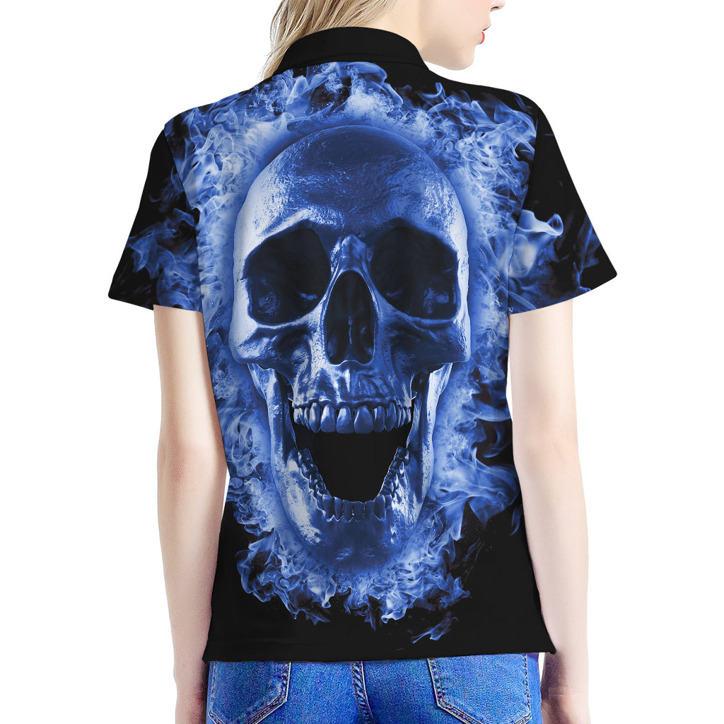 Blue Flaming Skull Print Women's Polo Shirt