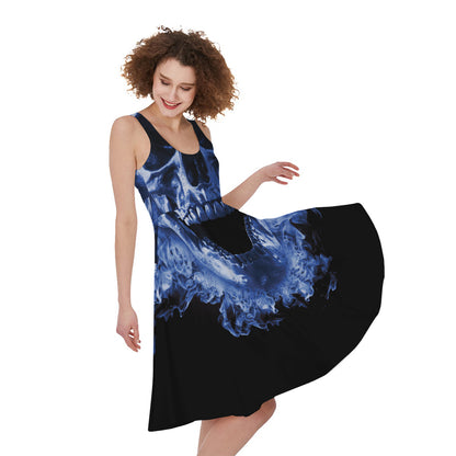 Blue Flaming Skull Print Women's Sleeveless Dress