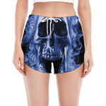 Blue Flaming Skull Print Women's Split Running Shorts