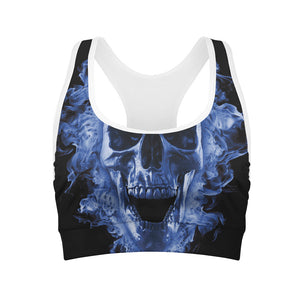 Blue Flaming Skull Print Women's Sports Bra