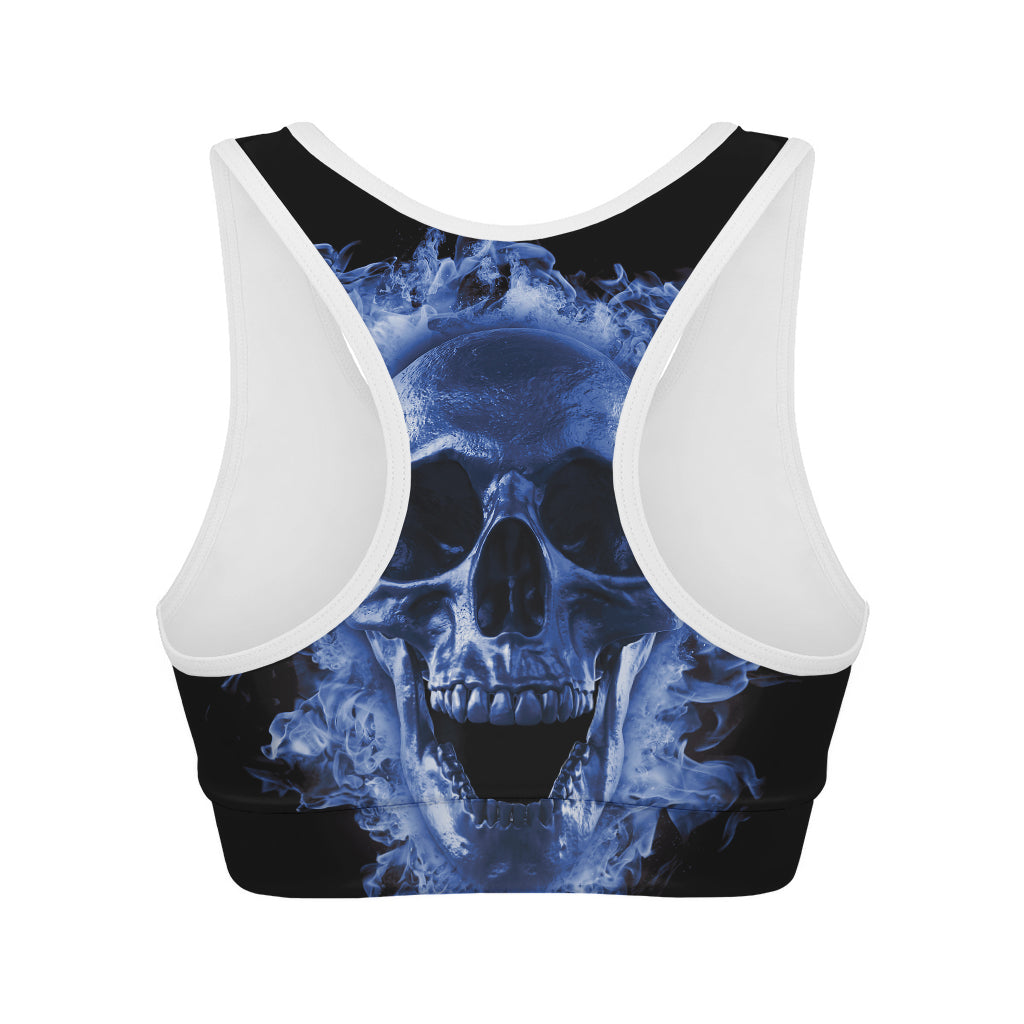 Blue Flaming Skull Print Women's Sports Bra