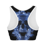 Blue Flaming Skull Print Women's Sports Bra