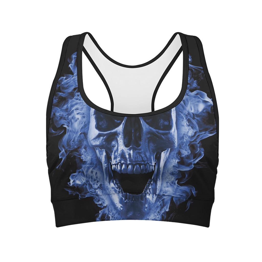 Blue Flaming Skull Print Women's Sports Bra