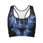 Blue Flaming Skull Print Women's Sports Bra