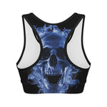 Blue Flaming Skull Print Women's Sports Bra