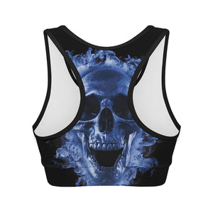 Blue Flaming Skull Print Women's Sports Bra