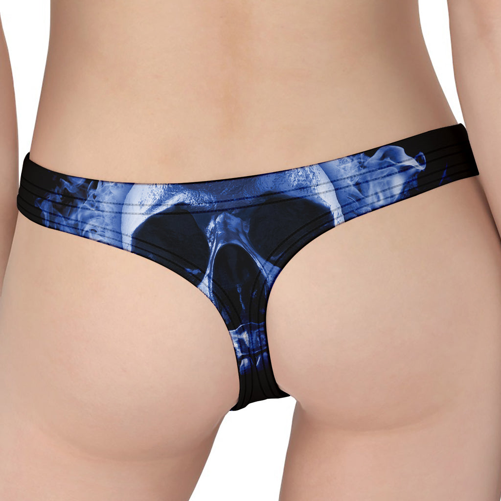 Blue Flaming Skull Print Women's Thong