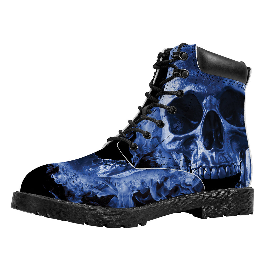 Blue Flaming Skull Print Work Boots