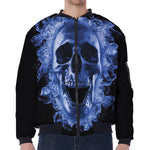 Blue Flaming Skull Print Zip Sleeve Bomber Jacket