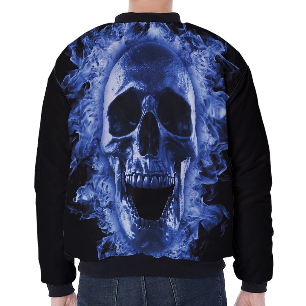 Blue Flaming Skull Print Zip Sleeve Bomber Jacket