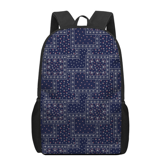 Blue Floral Patchwork Pattern Print 17 Inch Backpack