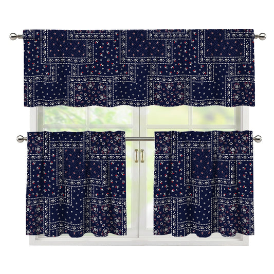 Blue Floral Patchwork Pattern Print 3 Piece Kitchen Curtains