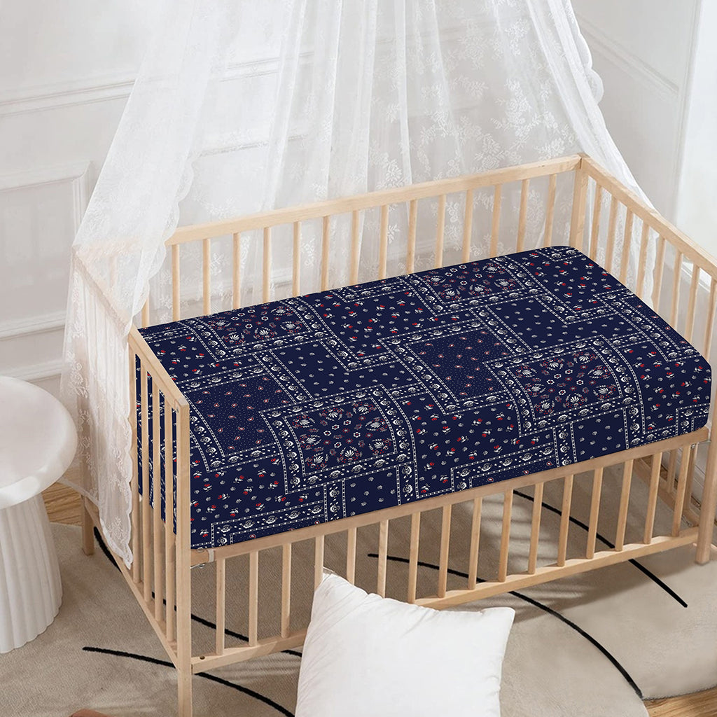 Blue Floral Patchwork Pattern Print Baby Crib Sheet