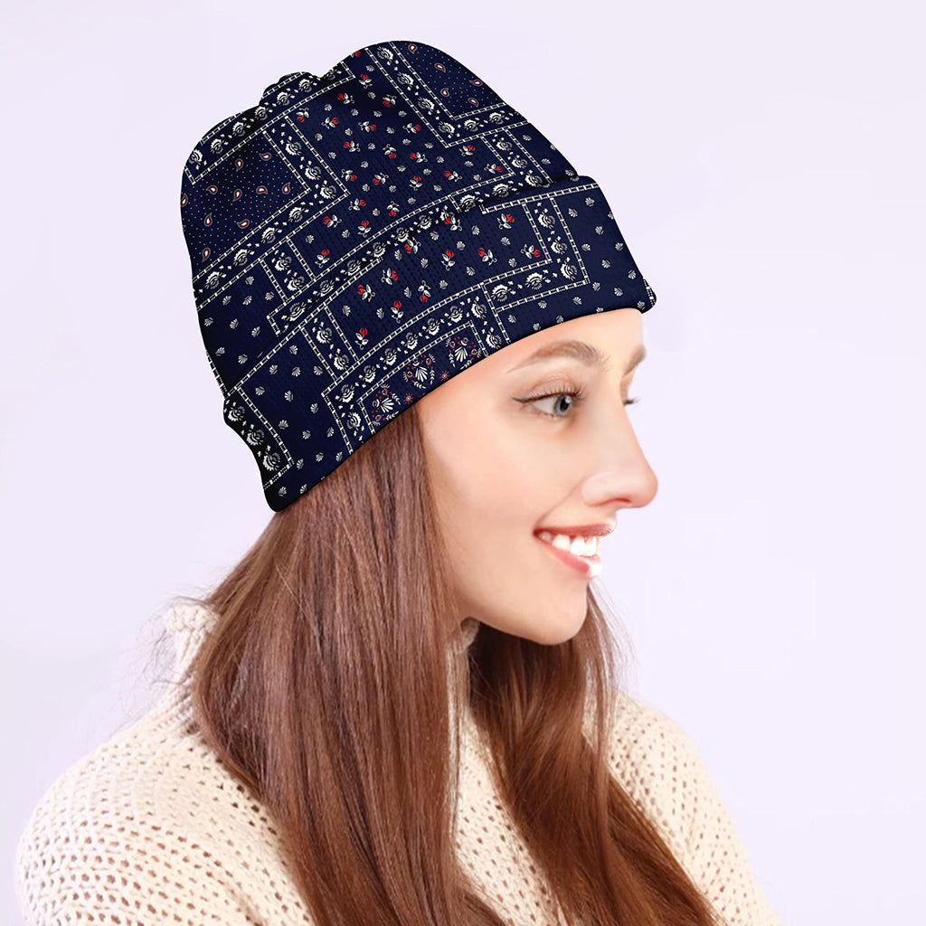 Blue Floral Patchwork Pattern Print Beanie