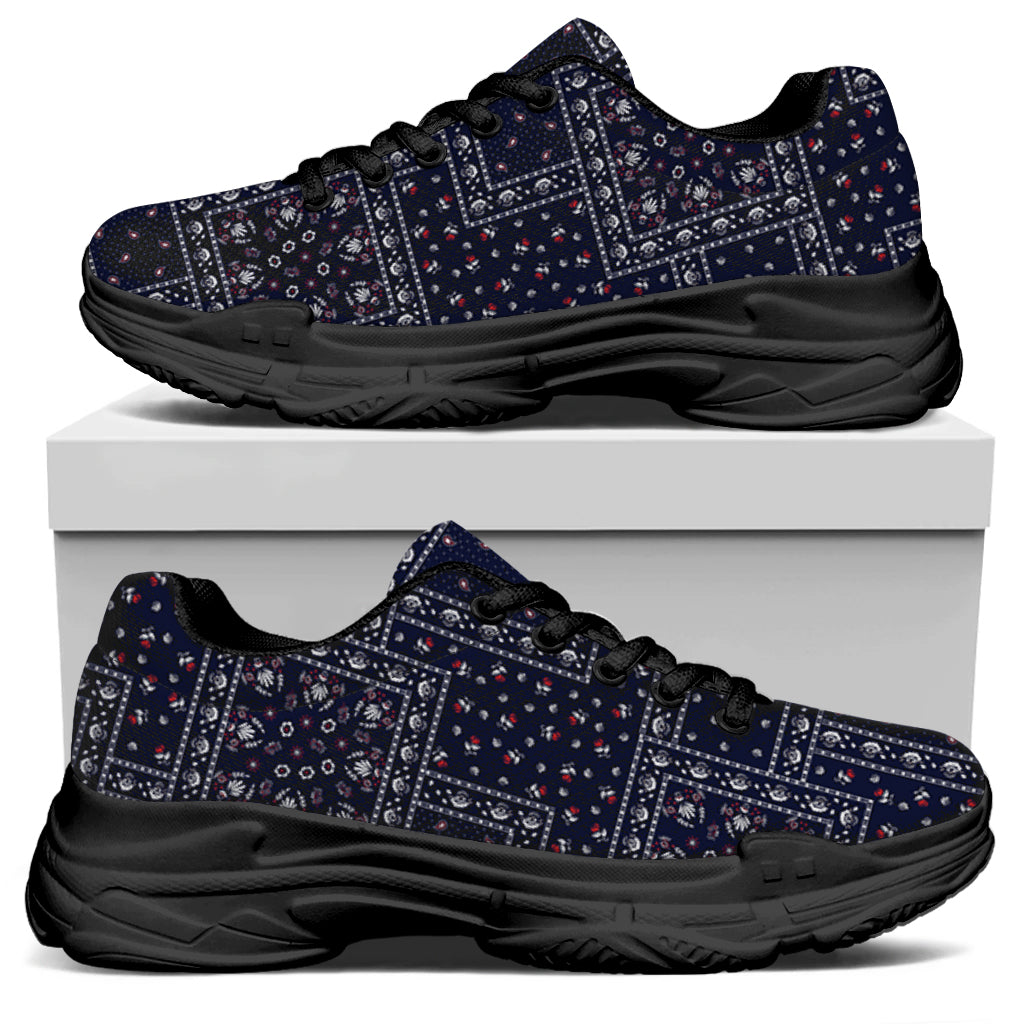 Blue Floral Patchwork Pattern Print Black Chunky Shoes