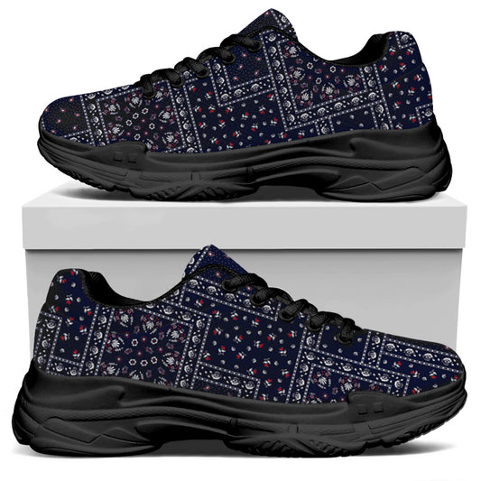 Blue Floral Patchwork Pattern Print Black Chunky Shoes