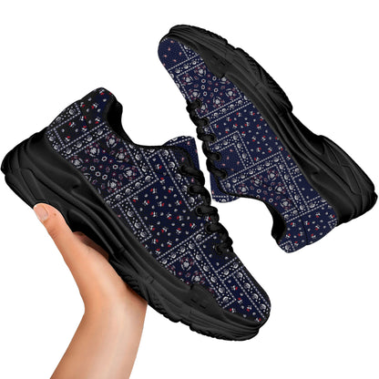 Blue Floral Patchwork Pattern Print Black Chunky Shoes