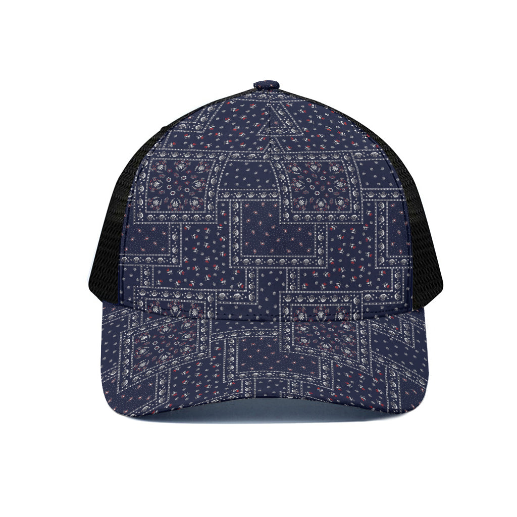 Blue Floral Patchwork Pattern Print Black Mesh Trucker Cap