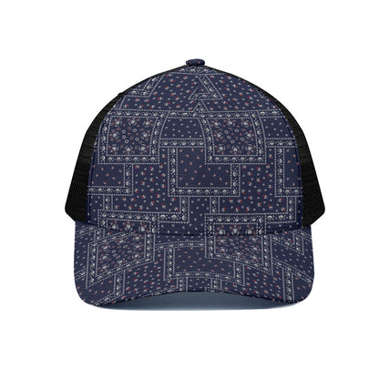 Blue Floral Patchwork Pattern Print Black Mesh Trucker Cap