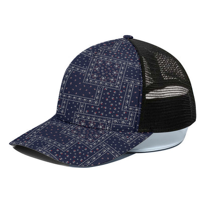 Blue Floral Patchwork Pattern Print Black Mesh Trucker Cap